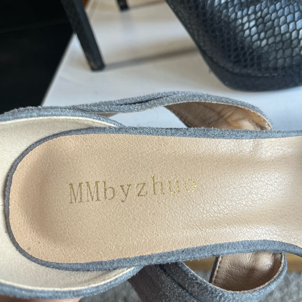 Gray Medium Suede Heel Sandals with Ankle Strap - Picture 4 of 5